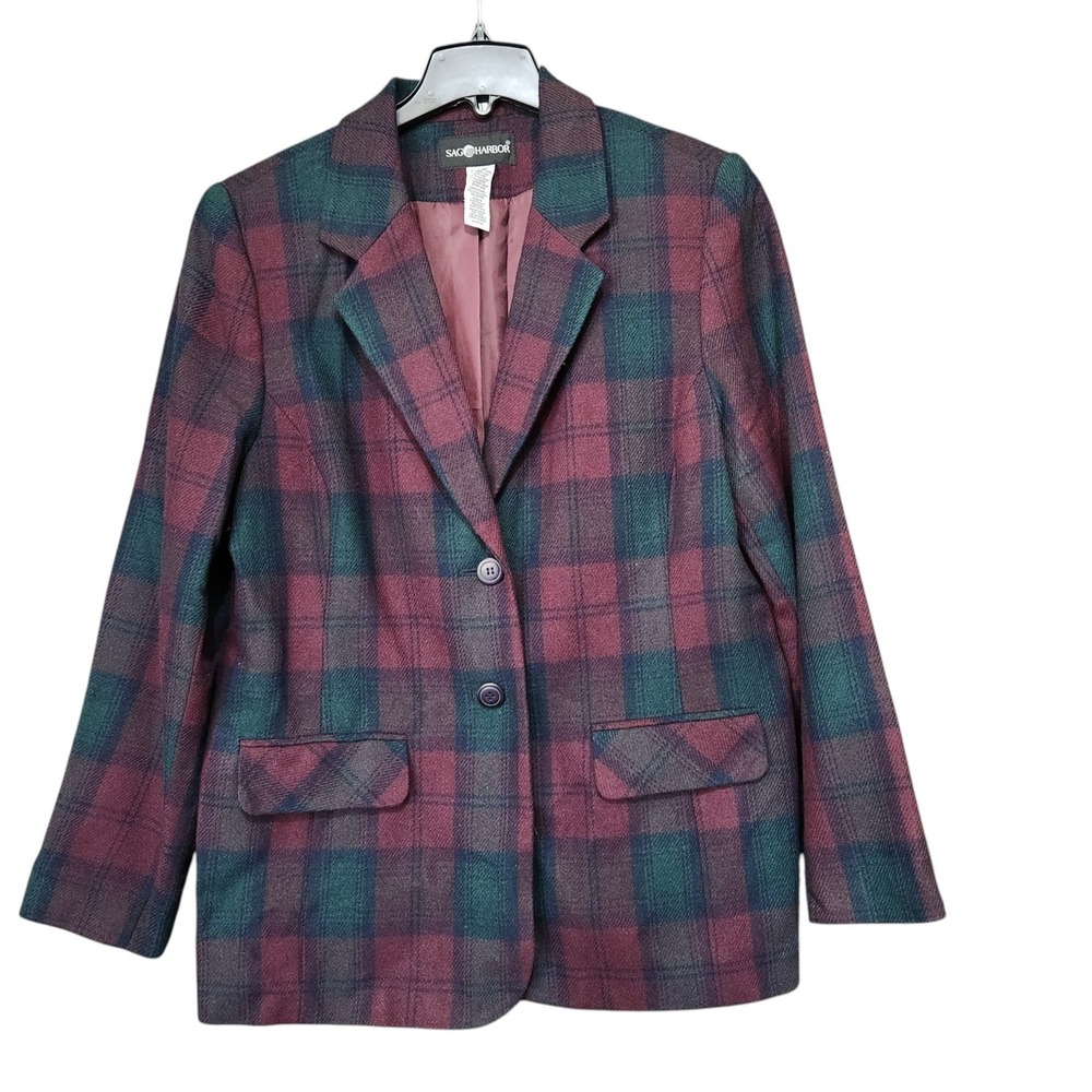 Sag Harbor Womens Plaid Wool Blend Blazer Jacket Burgundy Green Size 16 Academia